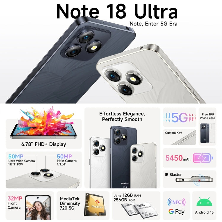 Ulefone Note 18 Ultra, Side Fingerprint, 6.78 inch Android 13 MediaTek Dimensity 720 5G MT6853 Octa Core 2.0GHz, NFC, Network: 5G Ulefone Note 18 Ultra, Side Fingerprint, 6.78 inch Android 13 MediaTek Dimensity 720 5G MT6853 Octa Core 2.0GHz, NFC, Network: 5G